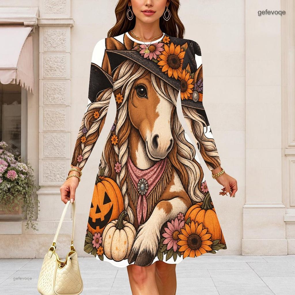 Women Plus Size Long Sleeve Round Neck Halloween Printed A Line Flared Hem Dress
