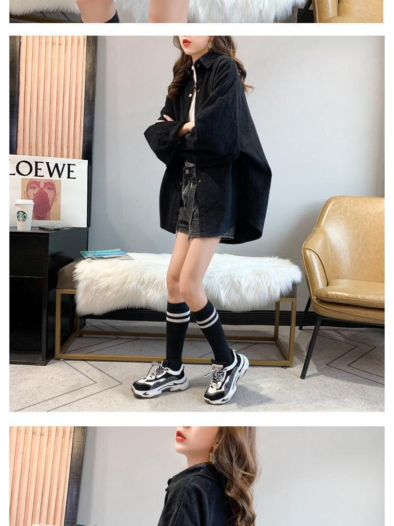 Корейская повседневная вельветовая куртка-рубашка с отложным воротником для женщин, средней длины с длинными рукавами, коллекция весна-осень 2025