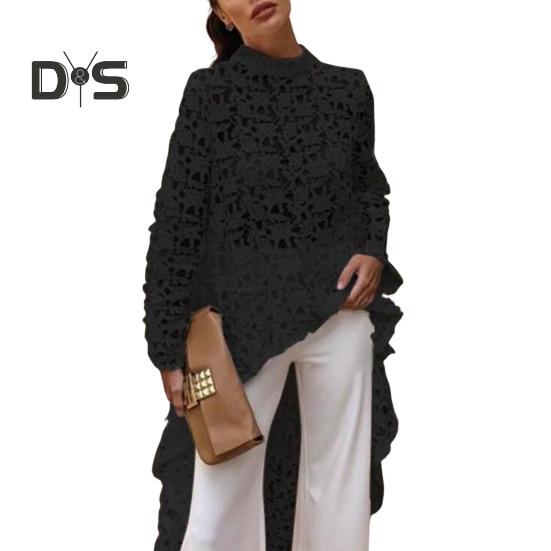 Женское длинное платье с вырезом сверху, нерегулярным вязанием крючком, кружевом, цветочным узором, прозрачной короткой передней частью и длинной задней частью, с полувысоким воротником и длинными рукавами