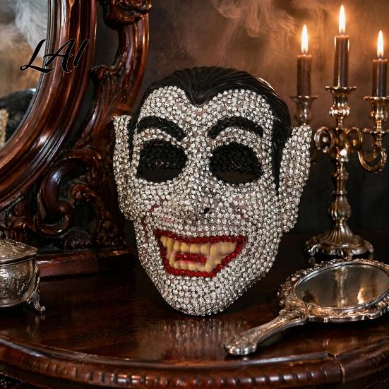 Full Face Stage Mask Halloween Skull Mask Sparkly Rhinestone Masquerade Eye-catching Prop for Party Adjustable Strap Cosplay Women Men Sparkling