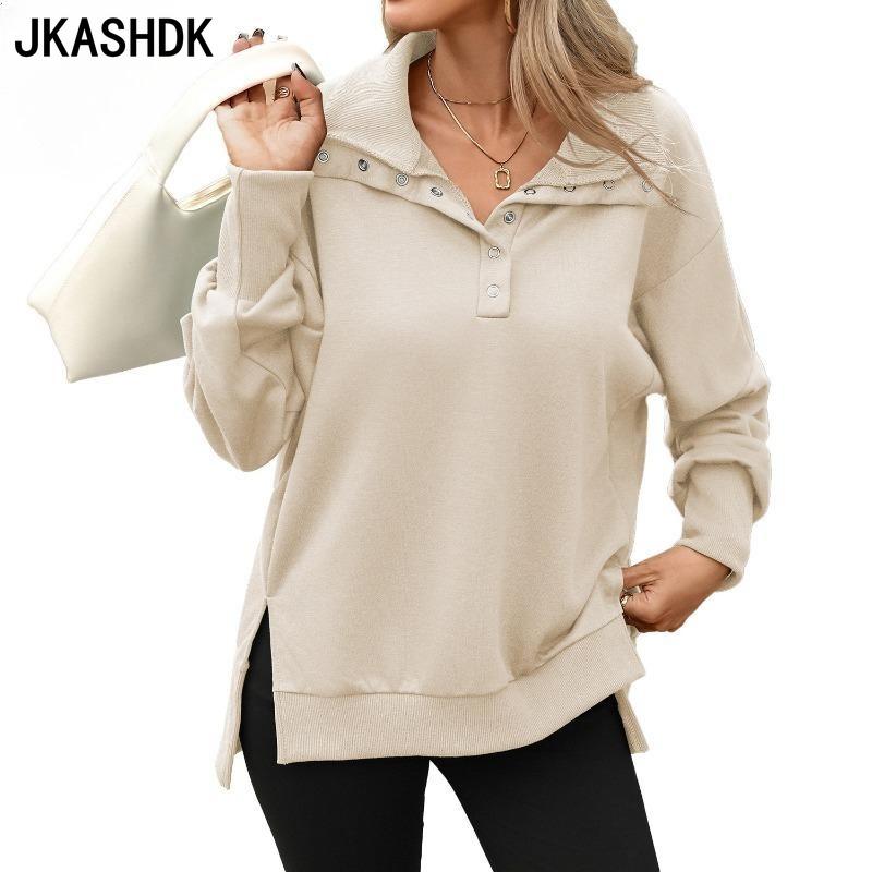 JKASHDK Женская мода, повседневные весенне-осенние однотонные рубашки-поло с длинным рукавом и принтом, блузки и рубашки