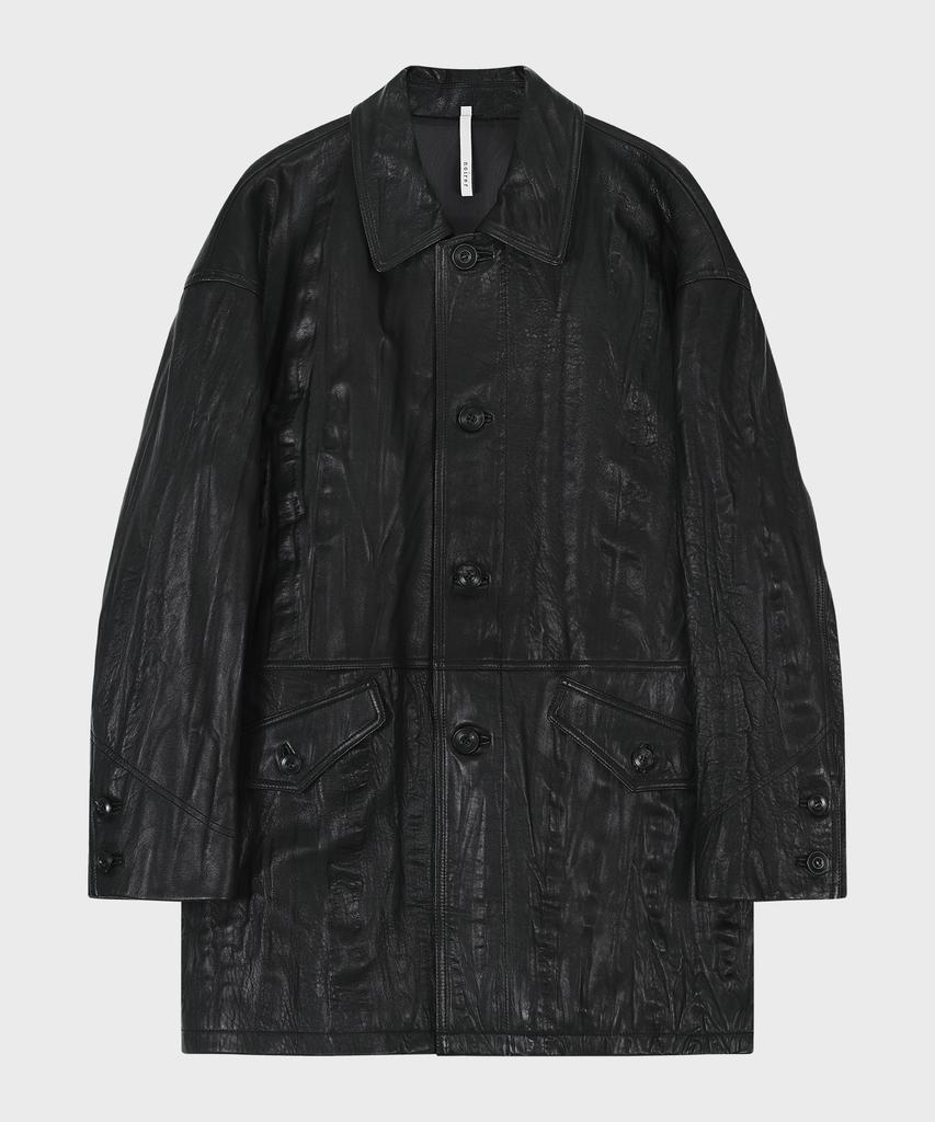 Noirer Crinkle Leather Car Coat (Black)