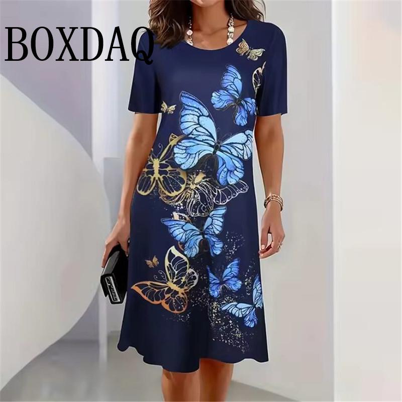 Свободные платья с принтом 3D-бабочки, летнее женское вечернее платье с круглым вырезом и коротким рукавом, элегантный женский сарафан