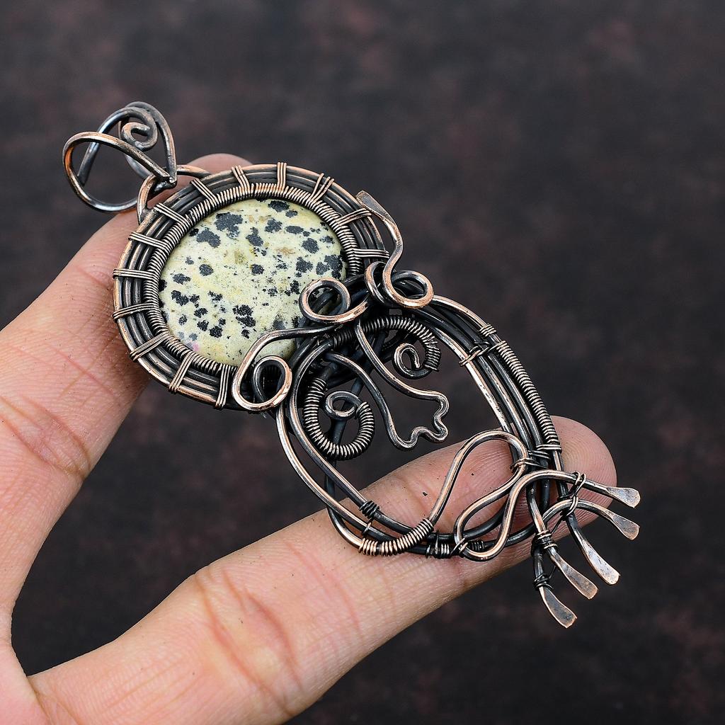 Подвеска из далматинской яшмы, обернутая медной проволокой, уникальная подвеска, медные украшения, подвеска из натурального драгоценного камня, украшения ручной работы, подарок для матери