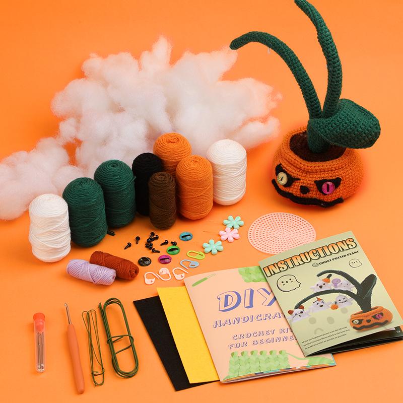 Набор для вязания крючком для начинающих «Тыква-монстр в горшке» для Хэллоуина. Пряжа для вязания крючком. Инструменты, расходные материалы и простой видеоурок.