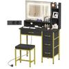 Makeup Vanity With LED Mirror Lights Charging Station Stool 4 Drawers Black