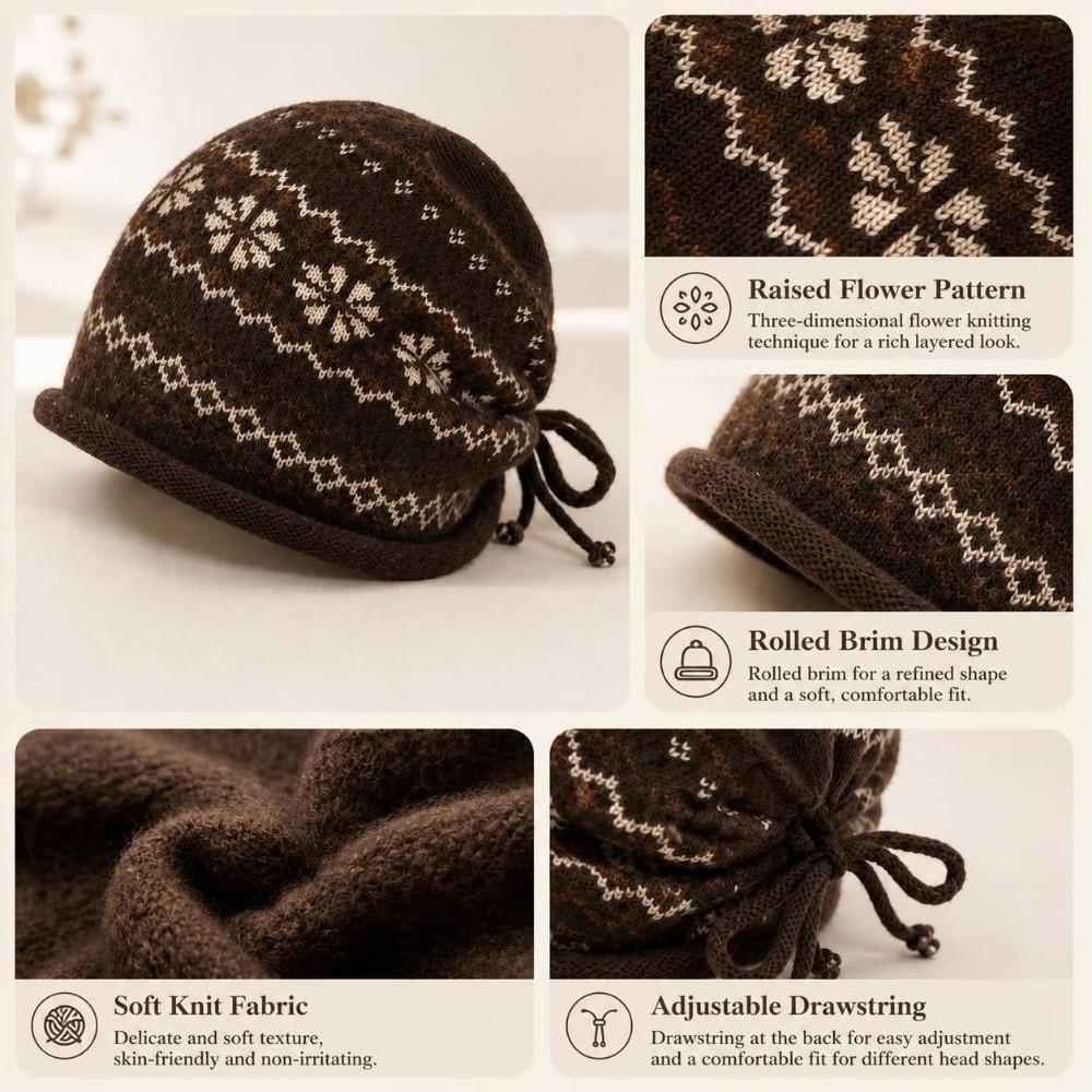 Drawstring Roll Brim Knit Beanie Fair Isle Pattern Beanie Retro Slouchy Hat Autumn Winter