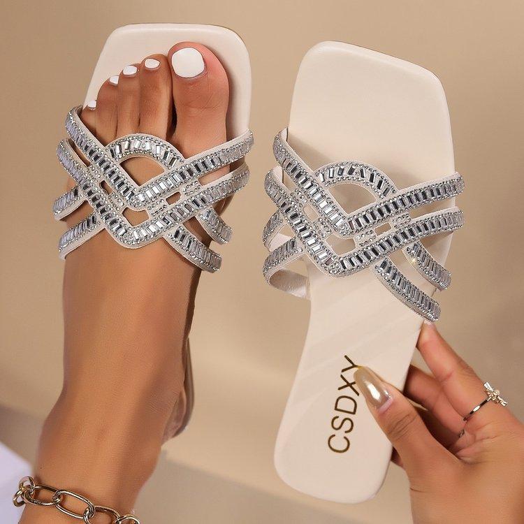 Fashion Fashion 2024 Summer Outdoor Beach Sandals Square Head Golden Luxury High Quality Women Slippers Zapatos De Mujer Sandalen