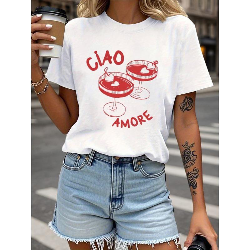 Футболка с принтом букв CIAO AMORE, с коротким рукавом, с круглым вырезом, повседневная футболка для лета и весны, женская одежда