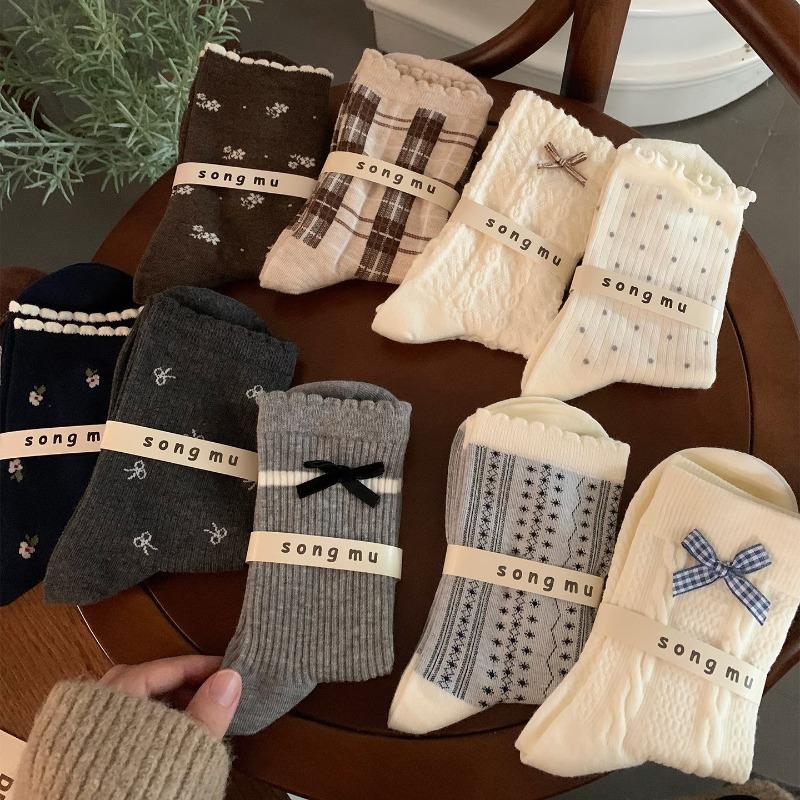 Female Autumn Fashion New Style Bow In The Tube Pile Pile Cotton Socks