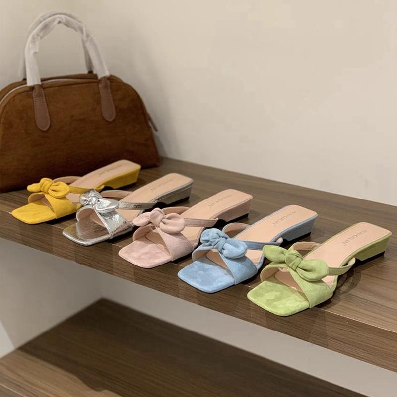 Fashion SUOJIALUN 2025 Summer New Women Slipper Fashion Bow-knot Slip On Slides Shoes Square Low Heel Outdoor Dress Sandal Shoes