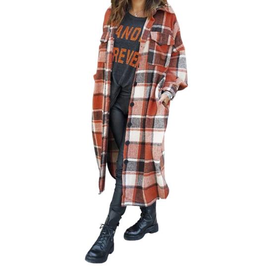 Autumn Winter Lady Coat Shirt Type Plaid Print Single-breasted Turn-down Collar with Chest Pockets Slit Hem Loose Mid Length Daily