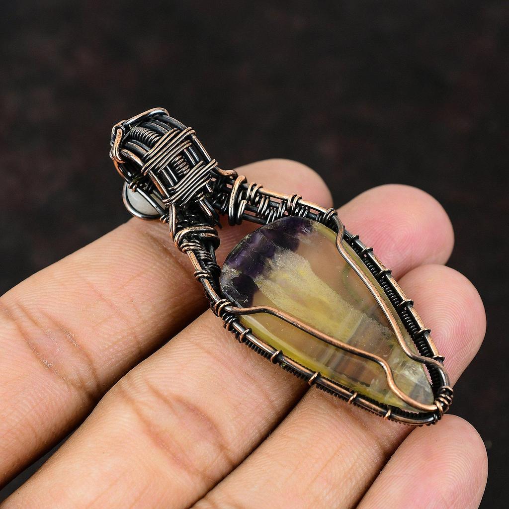 Подвеска из медной проволоки с разноцветным флюоритом и драгоценным камнем, радужная медная бижутерия с лунным камнем, дизайнерские украшения ручной работы, подарок для матери, бижутерия из проволоки