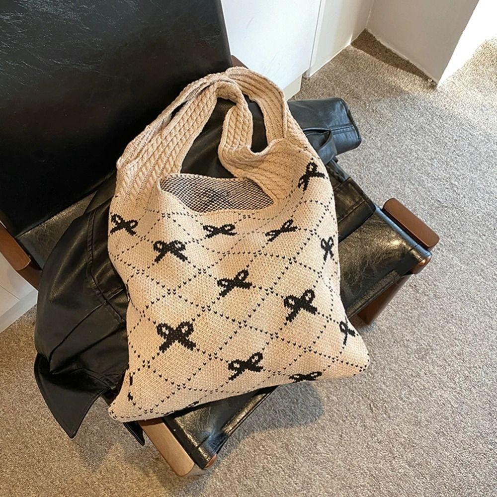 Large Capacity Bow Knitting Shoulder Bag Sweet Casual Woven Handbag Simple Shopping Bag Picnic