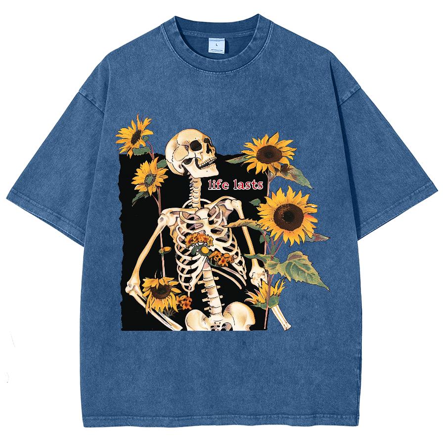 Летняя женская футболка Y2KЖенская одежда Распродажа Оверсайз Принт черепа и подсолнуха Свободный вываренный топ Тренд Короткий рукав
