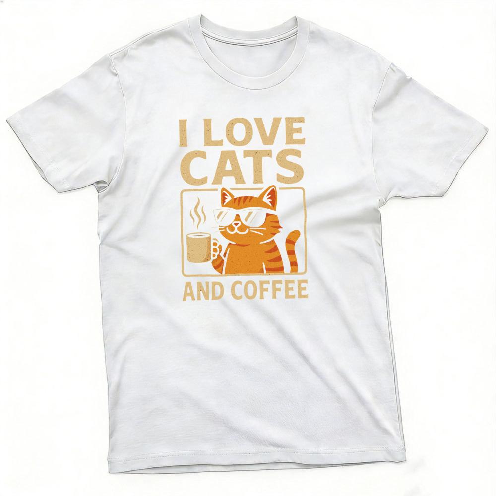 Vintage I Love Cats And Coffee Graphic T Shirt Cool Ginger Cat With Sunglasses Print Cat Lover Coffee Addict Pet Owner Clothes