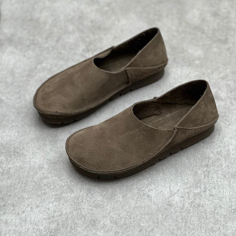 Retro Women Genuine Leather Shallow Flats Shoes Handmade Soft Sole Casual Round Toe Solid Color Loafers