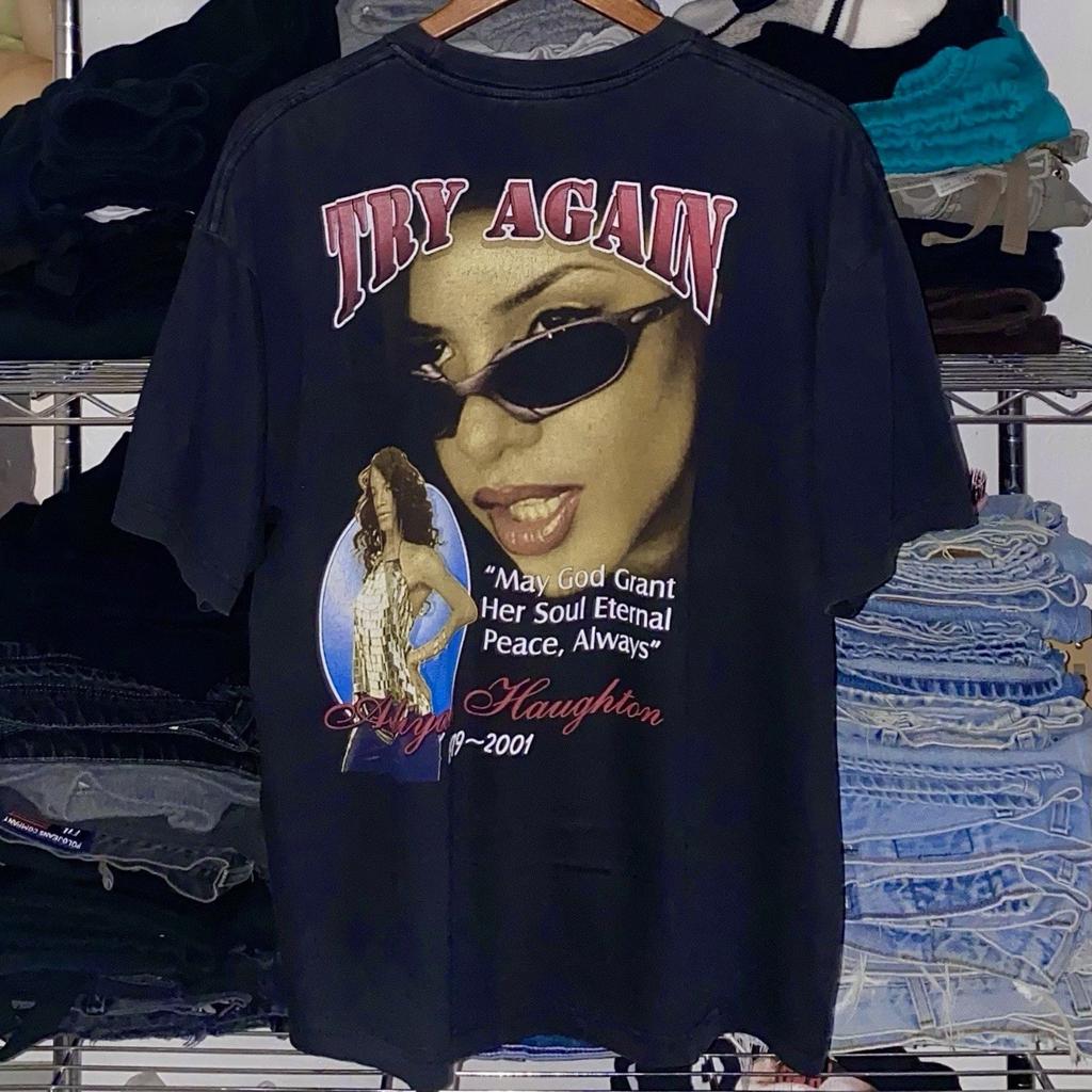 Vintage 90s 00s 2001 Y2K Aaliyah RIP Memorial Style Double Sided Rap Tee T-Shirt