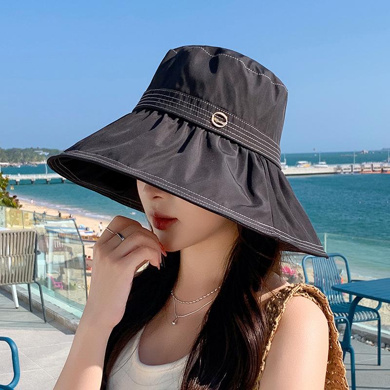Drawstring Fisherman Hat for Women, Spring and Summer Korean Style Wide Brim UV Protection Sun Hat, Outdoor Beach Breathable Hat