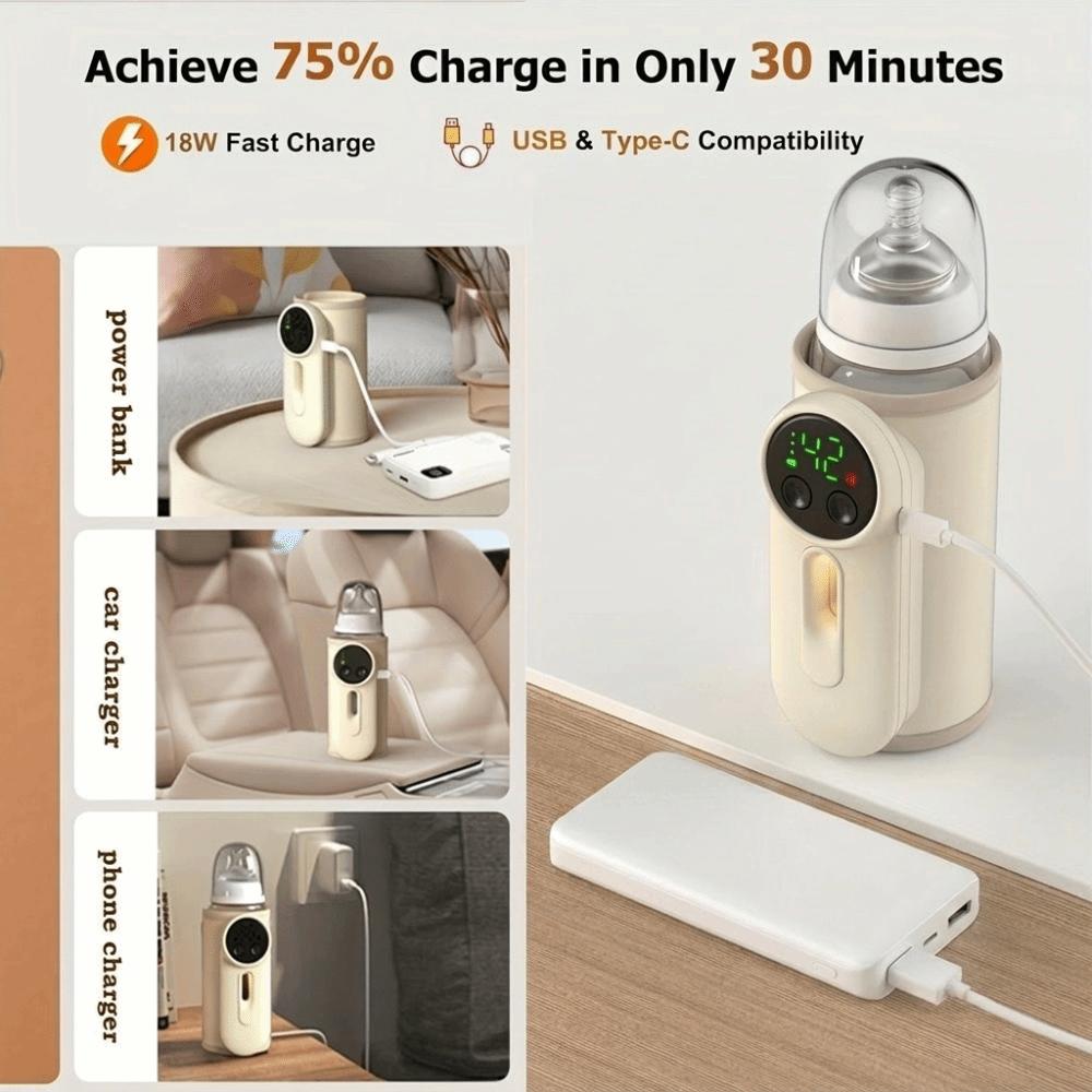 USB Rechargeable Baby Bottle Warmer Digital Display Breastmilk Heating Sleeve Outdoor