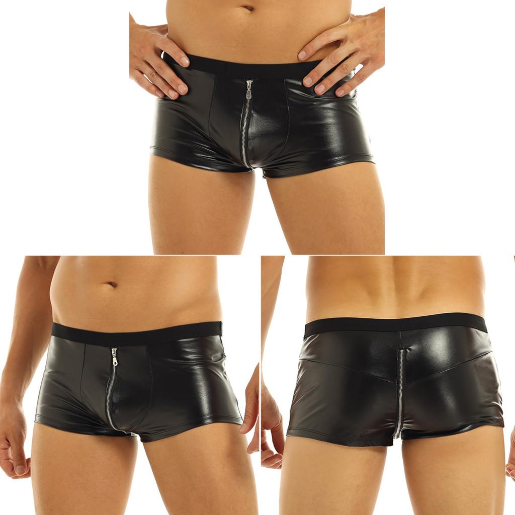 Men's Sexy Underwear Panties Faux Leather Underpants Male's Bulge Pouch Low Rise Boxer Briefs Shorts