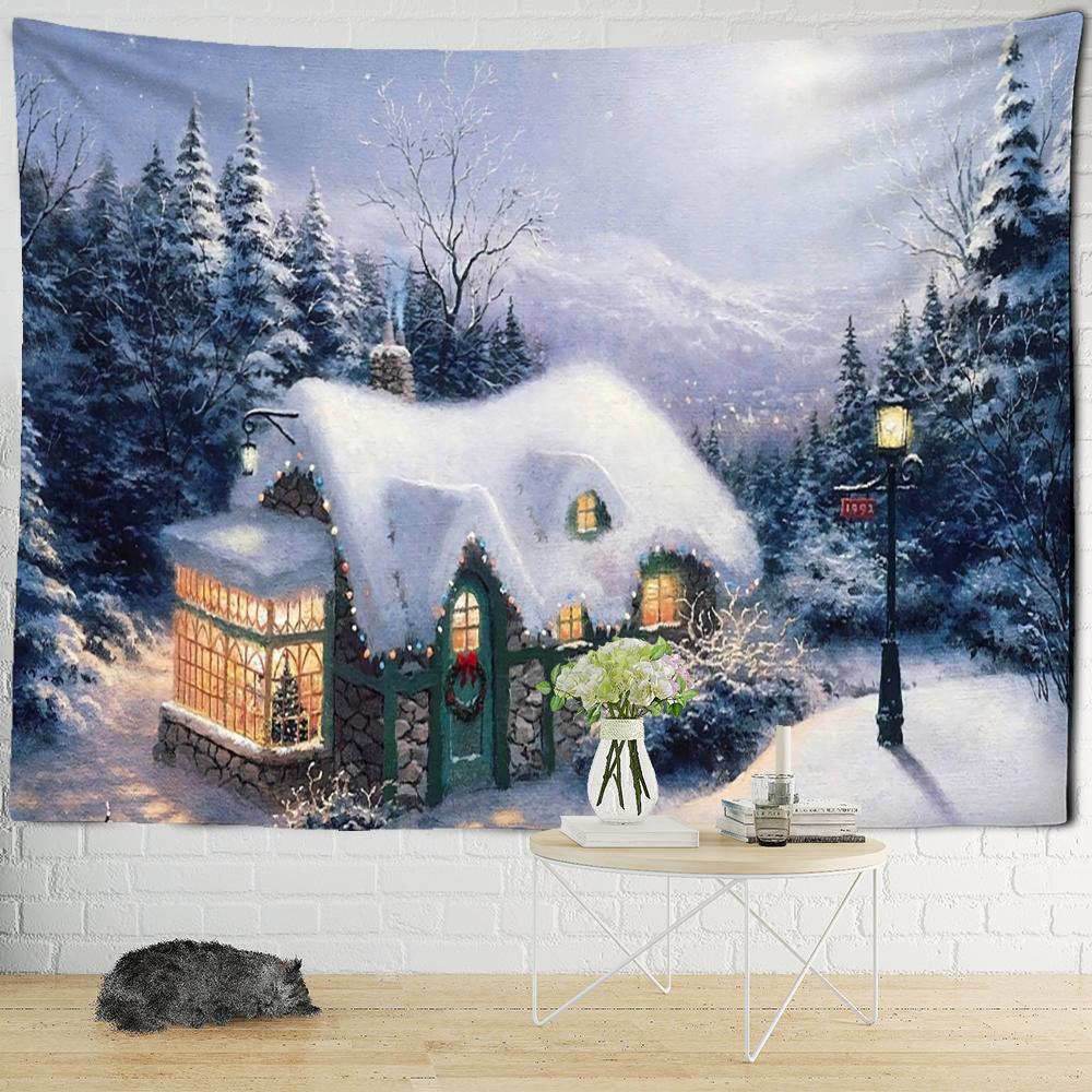 Рождественская снежная ночь, карта путешествий, гобелен, настенный психоделический лесной дом, иллюстрация, домашний декор для гостиной