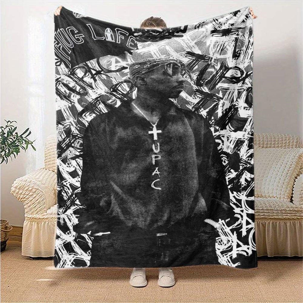 1 шт. Плед в стиле Hip Hop 2Pac, Мягкий, Легкий, Для всех сезонов, Многоцелевой плед для дивана, кровати, офиса и пикников, Французский стиль с культовыми обложками альбомов и цитатами