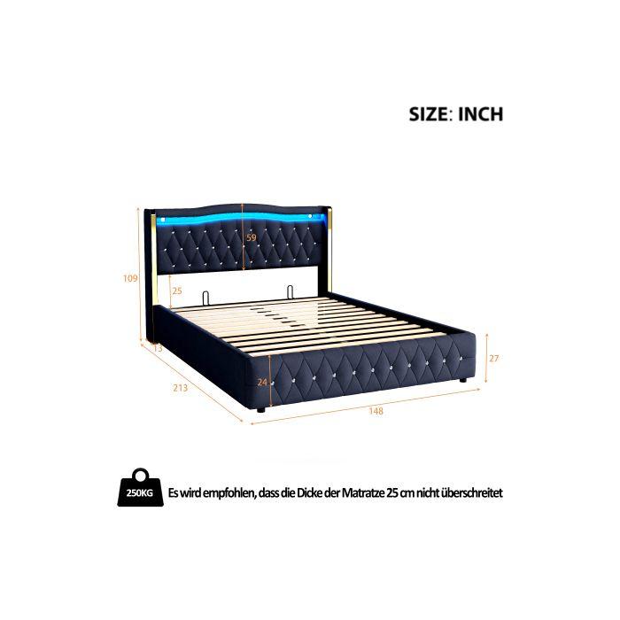 Lit rembourré - MUVOE - 140x200 cm - Pieds larges - Lumières LED - Rangement hydraulique