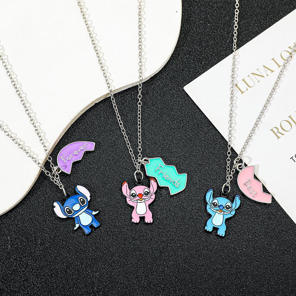Stitch BFF Necklace Trio Cute Matching Heart Pendants for Sisters Best Friends & Couples