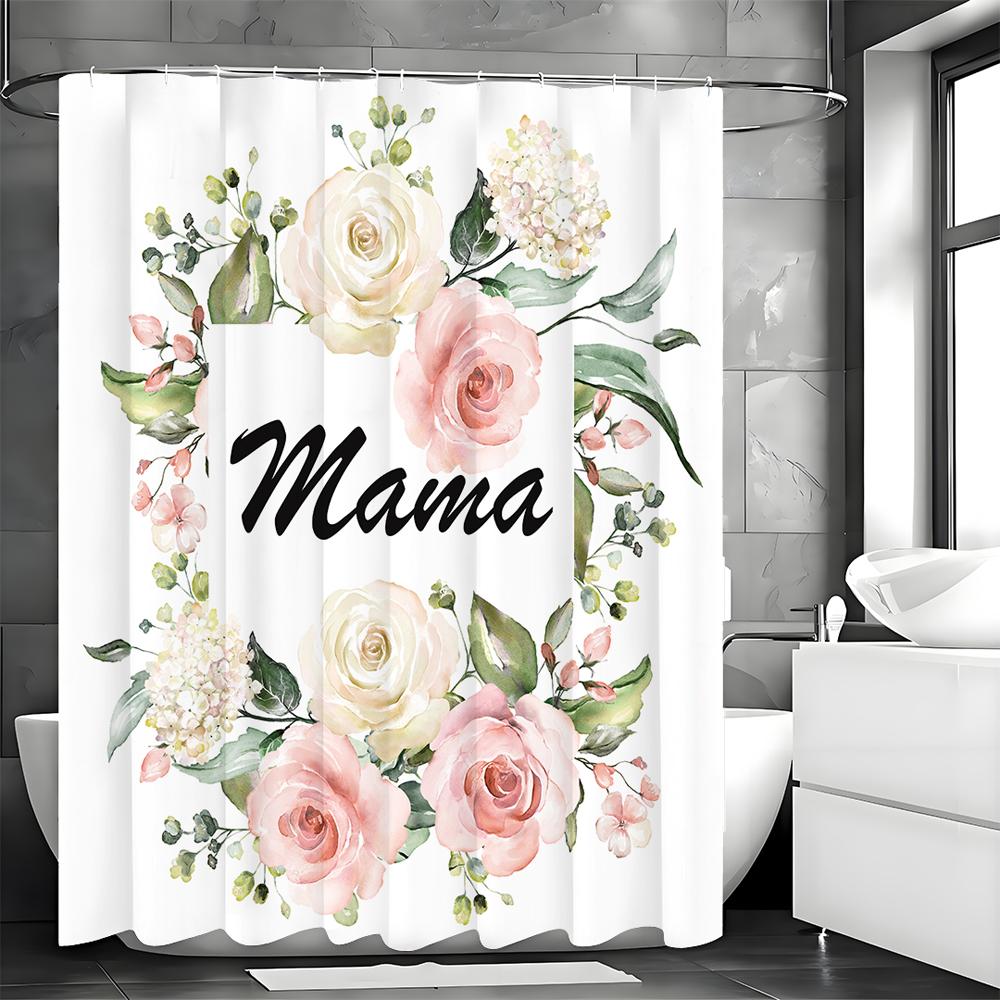 Mother's Day Floral Greeting Card Shower Curtain, Bathroom Decorative Shower Curtain, Waterproof Shower Curtain with Hooks