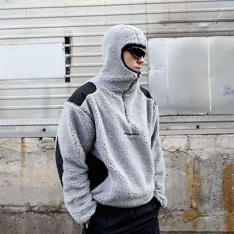 Unisex Oversized Fleece Hoodie Streetwear Gothic Style Contrast Color Warm Pullover Winter