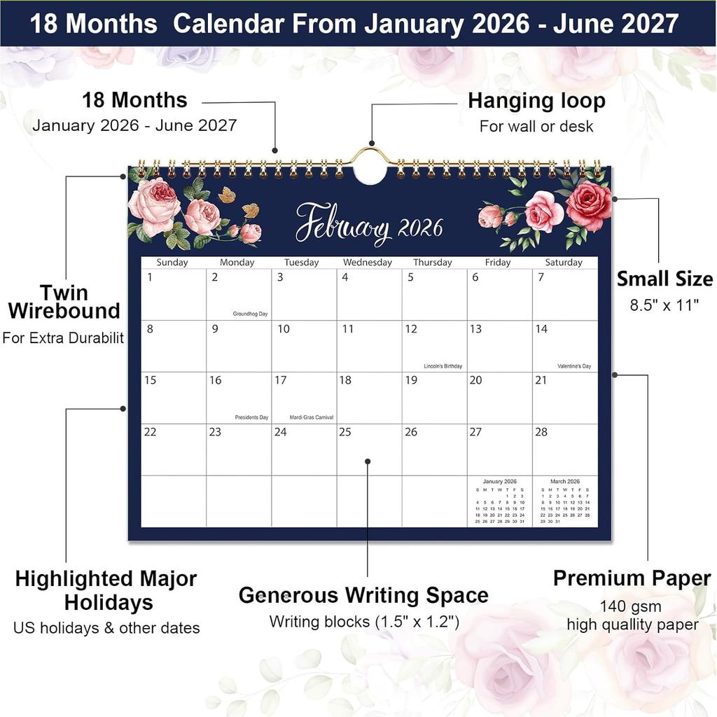 2026 Calendar - 2026-2027 Wall Calendar Runs from January 2026 to June 2027, 8.5" x 11", Floral Calendar for Wall or Desk, Feminine Design for