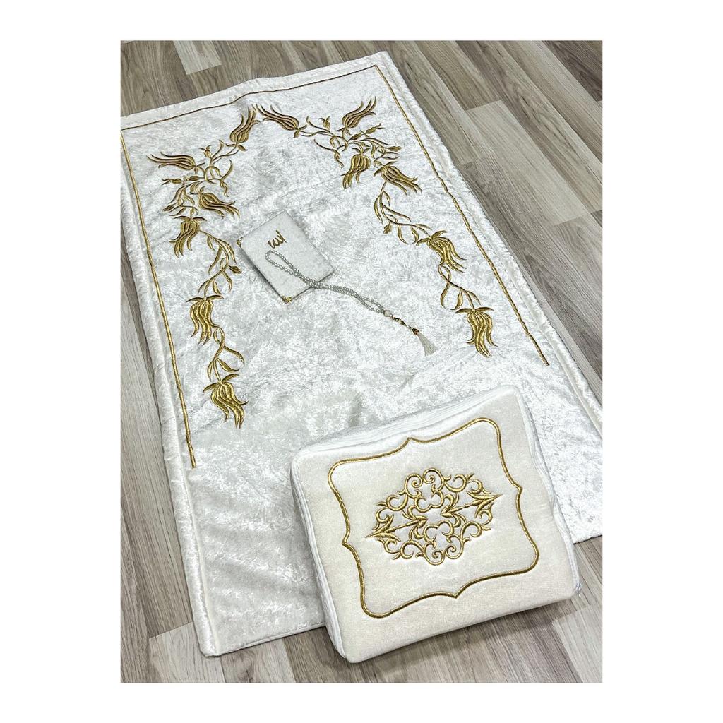 Srma Gold Embroidered Motif Velvet Saddle Bag, Velvet Prayer Rug, Yasin, Prayer Beads Dowry Set Of 4 Bundle Storage Bags