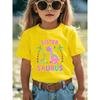 European sizes Cute Dinosaur Sisters Themed Girls' T-Shirt - Vibrant Cartoon Design Featuring Pink Bubble Letters "SISTER" and Dinosaur Companions
