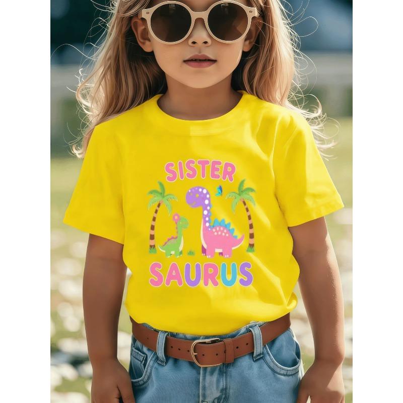 European sizes Cute Dinosaur Sisters Themed Girls' T-Shirt - Vibrant Cartoon Design Featuring Pink Bubble Letters "SISTER" and Dinosaur Companions