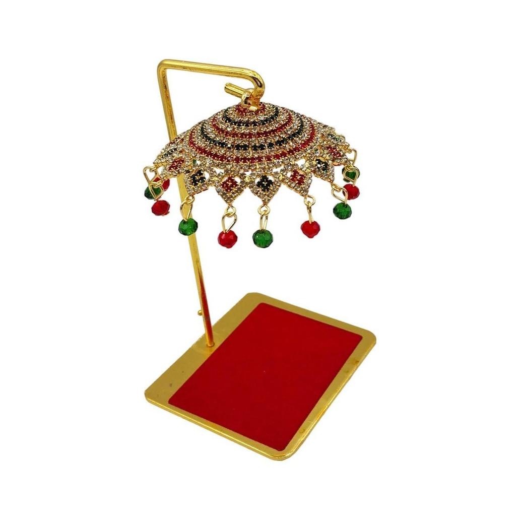 Metal Umbrella Chhatra with Hanging Crystals for God Idol, Car Dashboard/Office Desk/Table/Home Decor Showpiece, Chatri Aasan