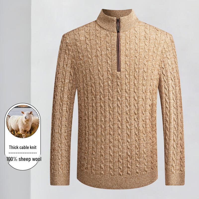 Luosi Men's Autumn/Winter 12-Gauge Thick Cable Knit Stand-Collar Half-Zip Wool Sweater
