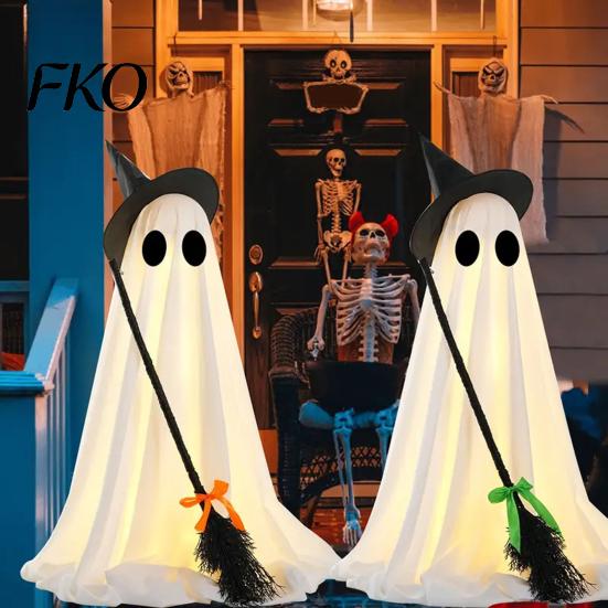 Witch Ghost Decoration Halloween Light-Up Decoration, Spooky Hat Ornament with LED Yard Light, Broom Decor for Outdoor Lawn Porch Holiday Party Large