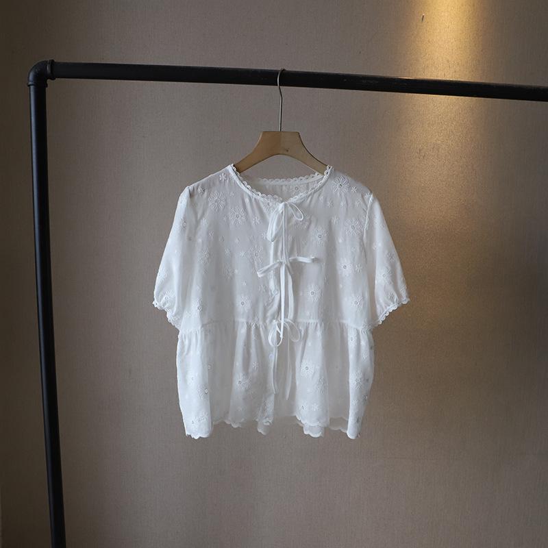 Би Чжэн 2025 Блузка с вышивкой, полыми кружевами и рукавами-буфами для женщин