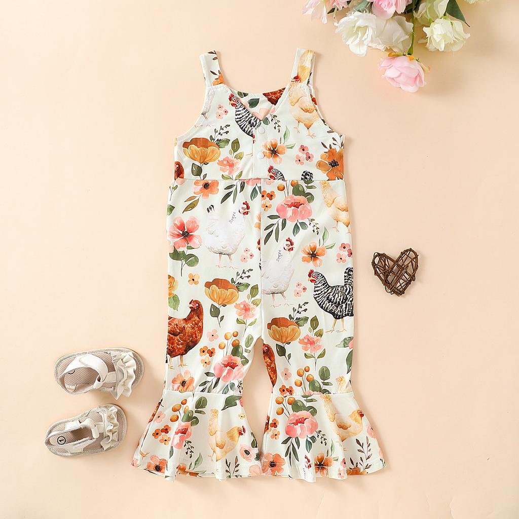 Little Girl Tank Romper Cute Sleeveless Buckle Rooster Flower Print Flare Leg Jumpsuit Baby Toddler Girl Overalls