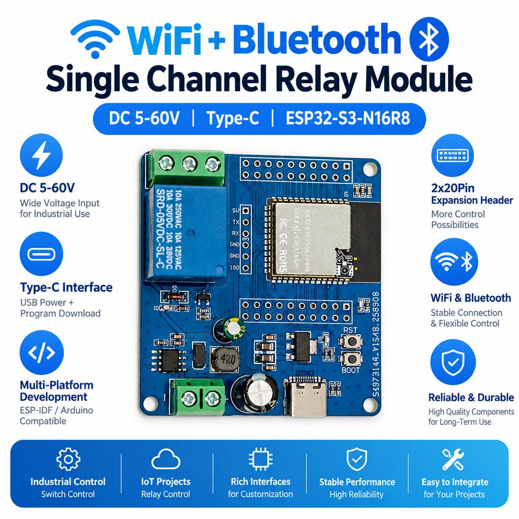 Одноканальный релейный модуль DC 5-60V WiFi Bluetooth плата реле с ESP32-S3 Type C интерфейсом для промышленных систем управления IoT проектов