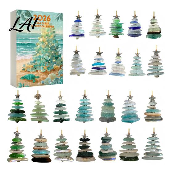 24 Day Advent Calendar Gift 2026 Sea Glass Style Christmas Countdown Blind Box 24Pcs Marine Inspired Party Supplies Acrylic Tree Hanging Ornaments,