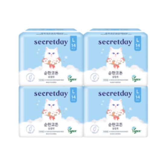 Secret Day Нежные Хлопковые 100% Хлопковое Покрытие Тонкие Большие Гигиенические Прокладки с Крылышками 14 шт. x 4 Упаковки, 56 Прокладок