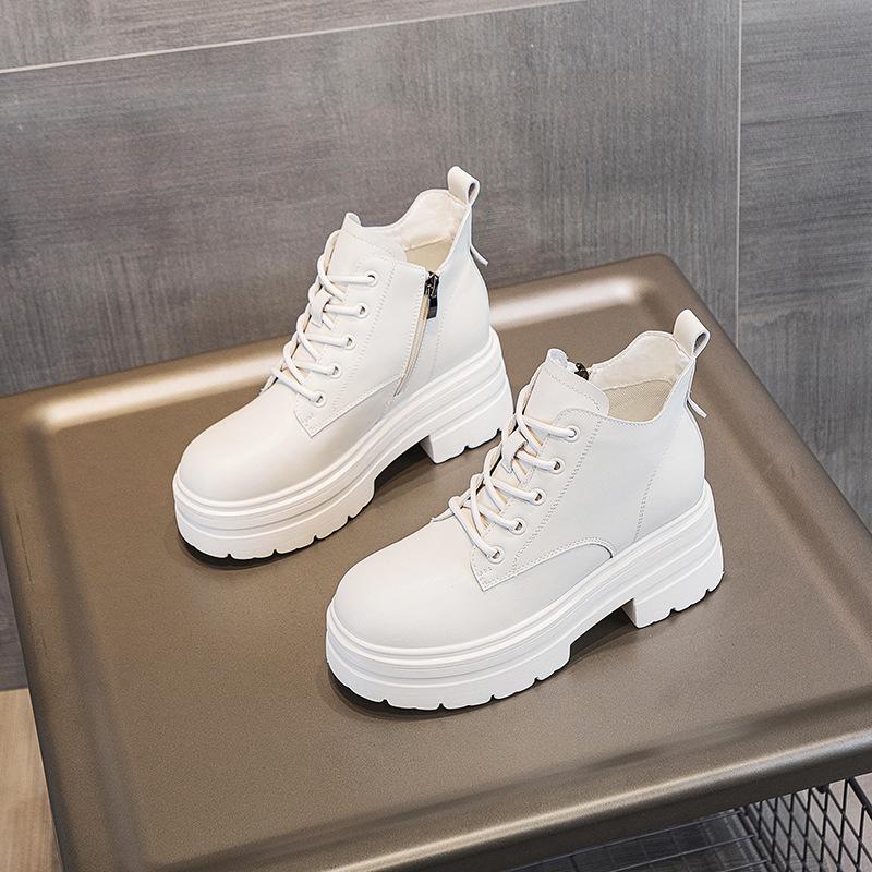 Осень и зима новая женская обувь толстая подошва завышенная новая подошва-маффин средняя высота голенища повседневные шнуровка короткие ботинки женский тренд бархат