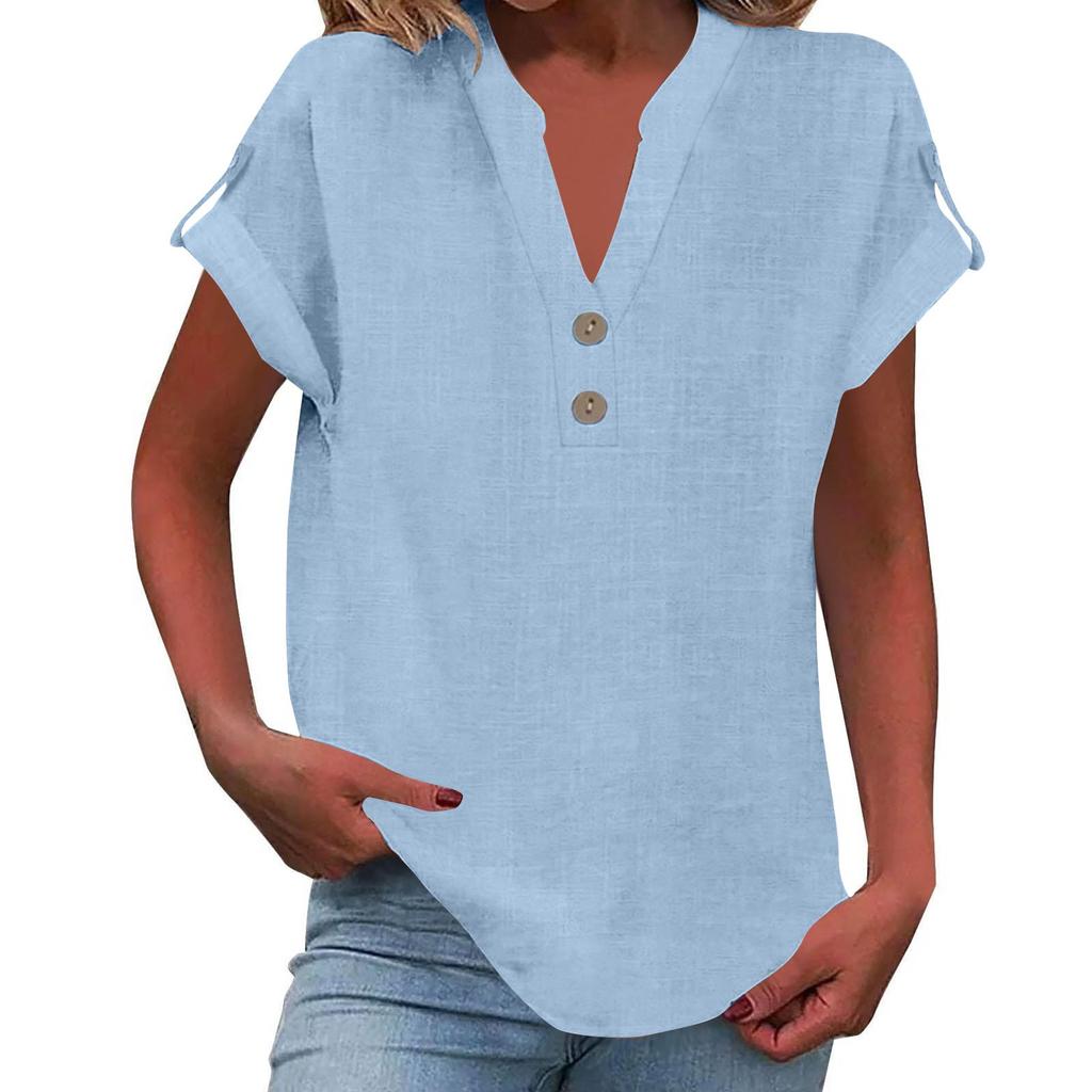 Women's Fashion Casual Solid Colour V-Neck Short Sleeve Button Down Shirt T-Shirt Top