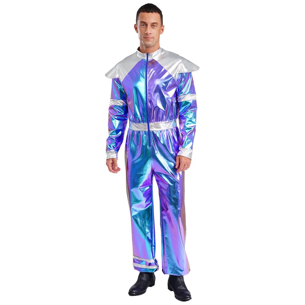 Mens Alien Robot Costume Retro Space Theme Long Sleeve Jumpsuit Shiny Metallic Halloween Party Outfit