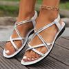 Casual Silver Cross Strap Sandals Women 2025 Summer Round Toe Flat Feels Gladiator Sandals Women Sexy Beach Shoes Plus Size 42