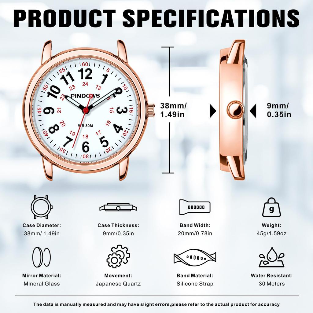 PINDOWS Unisex Analog Quartz Watch for 30m Water Military Time Luminous Dial for Easy Visibility Women's Watch, Students, Resistant, Display,