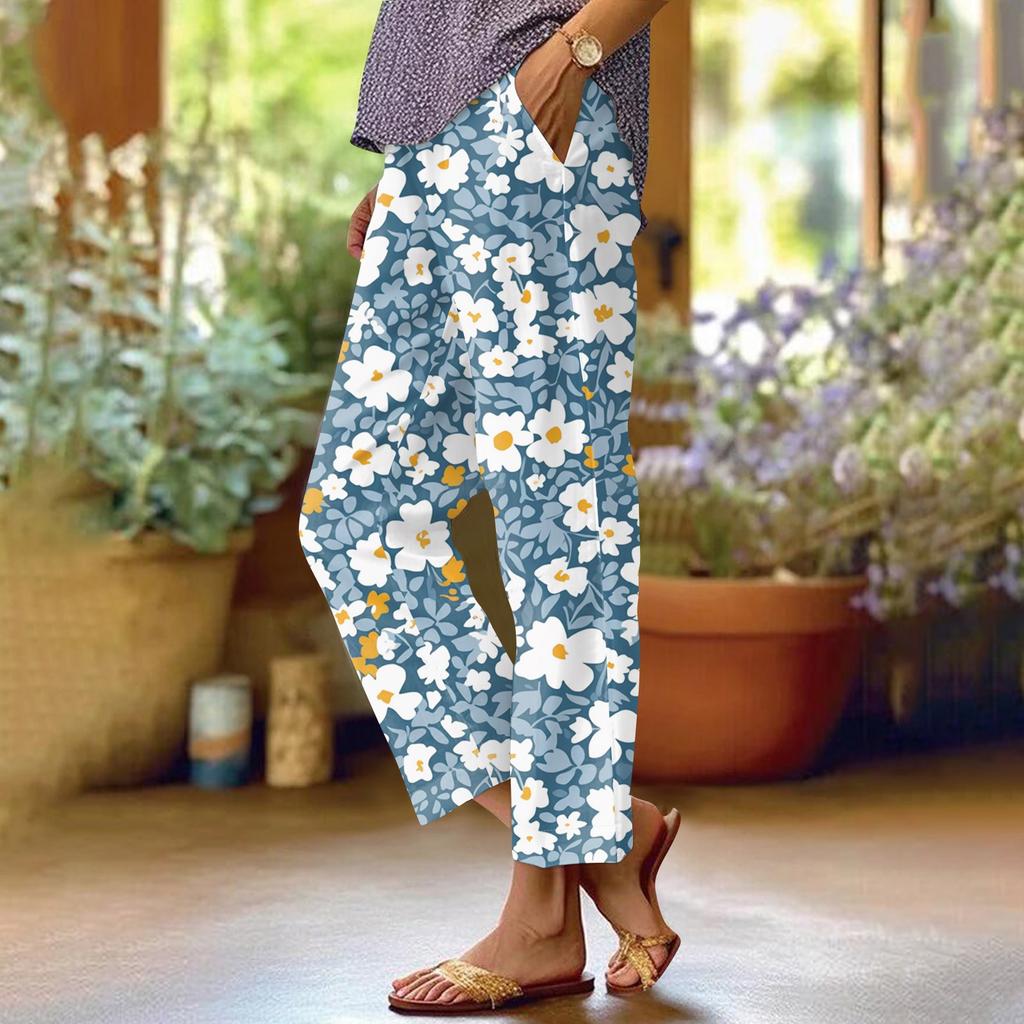 Women's Fashionable Floral Print Straight Leg Pocket Elastic Waist Casual Pants Pants