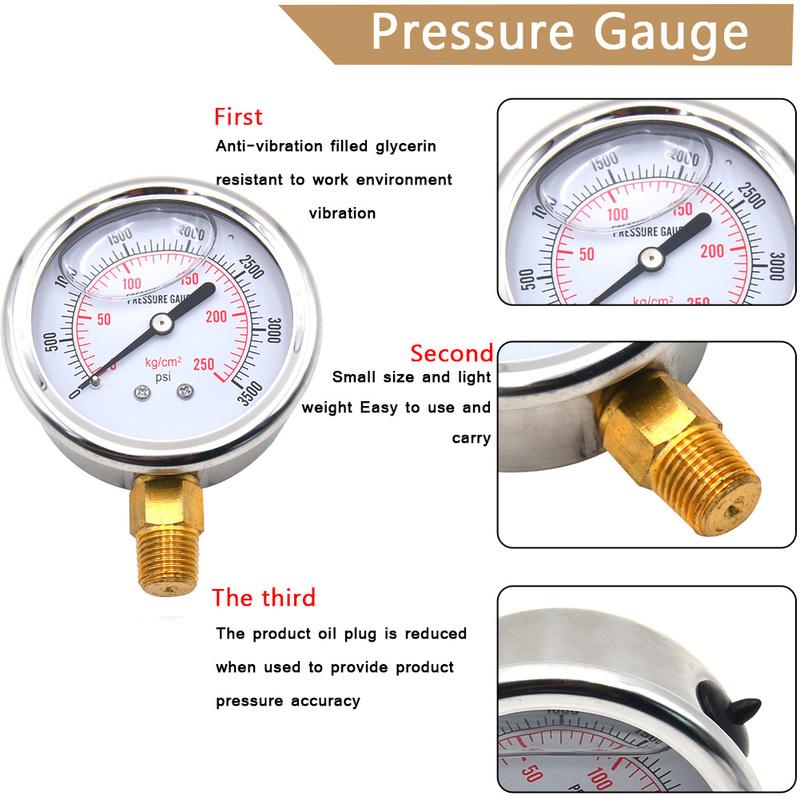 Stainless Steel Hydraulic Fluid Pressure Gauge 0-3500PSI US Thread Manometer